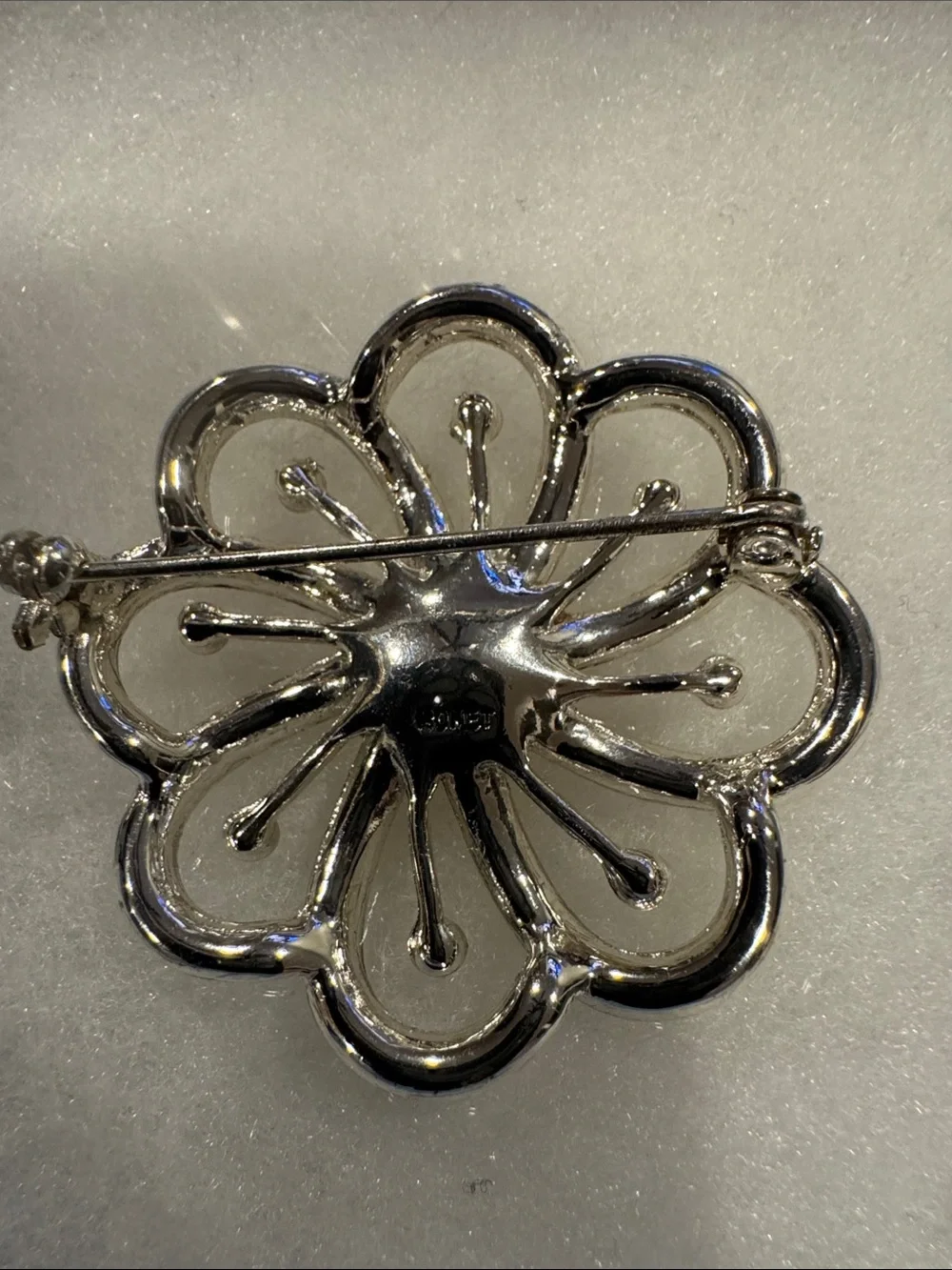 Monet Vintage Pearl Rhinestone Silver Tone Swirl Flower Brooch Pin Collectible